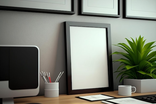 Mock up Minimal wooden picture poster frame mockup in home office Generative AI