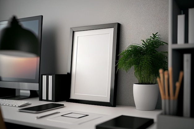 Mock up Minimal wooden picture poster frame mockup in home office Generative AI