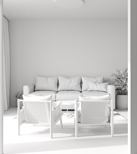 Mock up minimalist living room in white color with sofa and armchair Scandinavian style 3D rendering