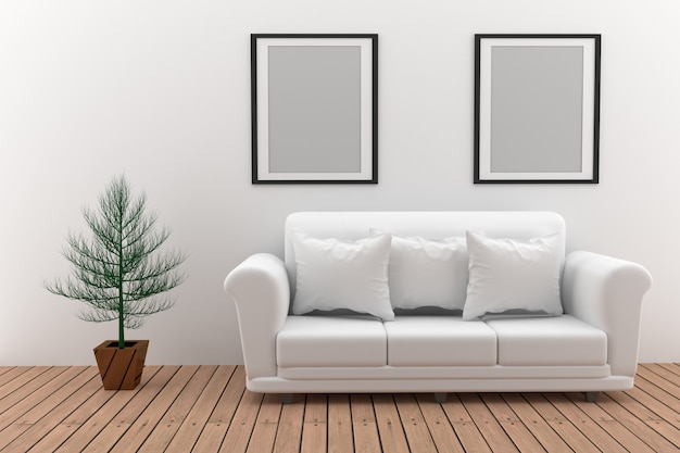 Mock up minimalist white sofa with plant in 3D rendering