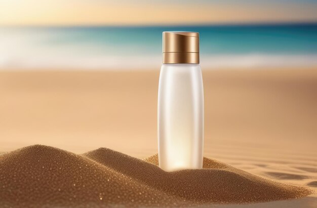 mock up for natural cosmetic product unbranded white plastic bottle outdoors at sunset on sand