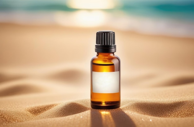 mock up for natural cosmetics glass bottle of essence oil with white blank label on sand at sunset