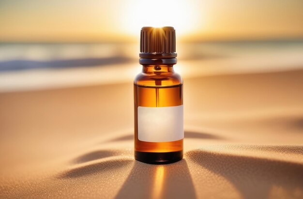 mock up for natural cosmetics glass bottle of essence oil with white blank label on sand at sunset