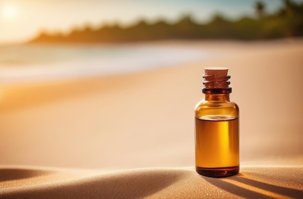 mock up for natural cosmetics unbranded glass bottle with essence oil outdoors on sand at sunset