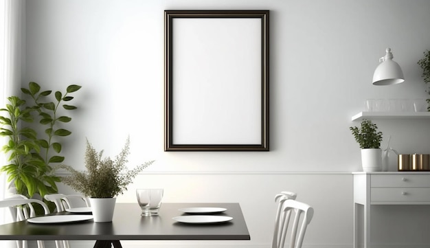 Mock up poster blank frame in dining room interior with white wall background Generative AI