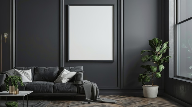 Mock up poster frame in dark grey home interior background modern style