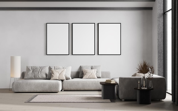 Mock up poster frame in gray modern interior background living room Scandinavian style 3D render 3D illustration