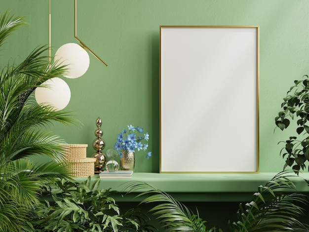 Mock up poster frame on the green shelf with beautiful plants3D rendering