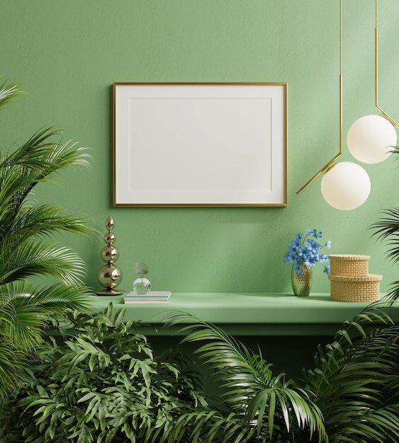 Mock up poster frame on the green shelf with beautiful plants3D rendering