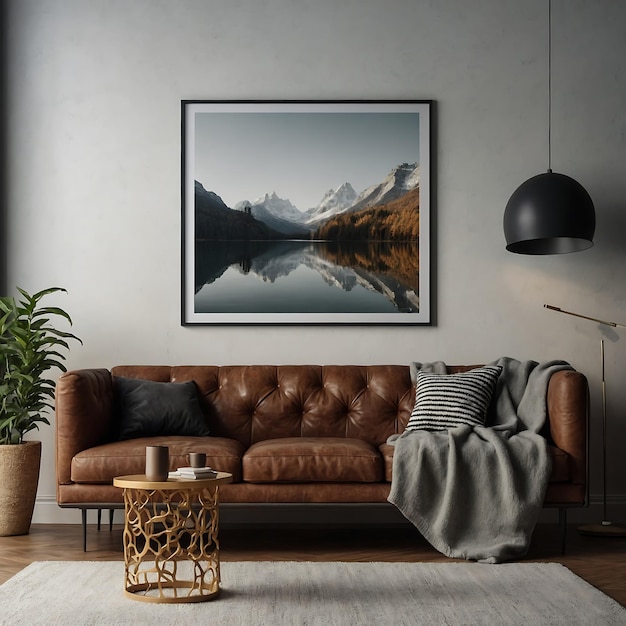 mock up poster frame Interior of modern living room with gray walls concrete floor brown sofa