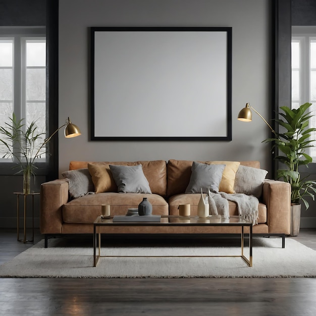 mock up poster frame Interior of modern living room with gray walls concrete floor brown sofa