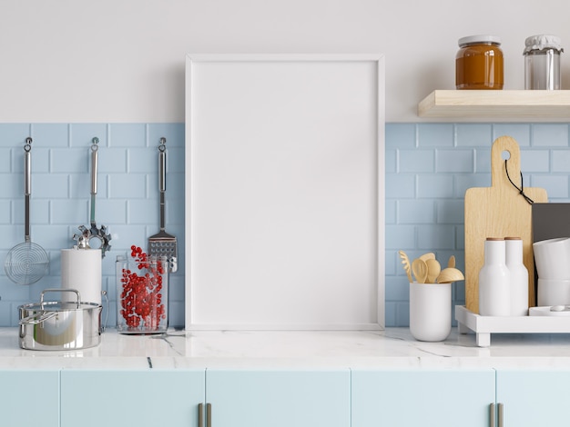 Mock up poster frame in kitchen interior. 3d rendering