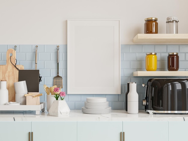 Mock up poster frame in kitchen interior.3d rendering