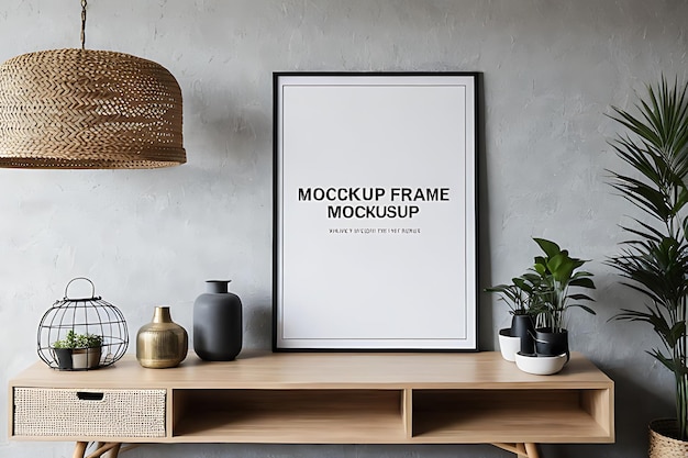 Mock up poster frame in living room interior background close up