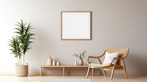 Mock up poster frame in modern beige home interior Generative AI