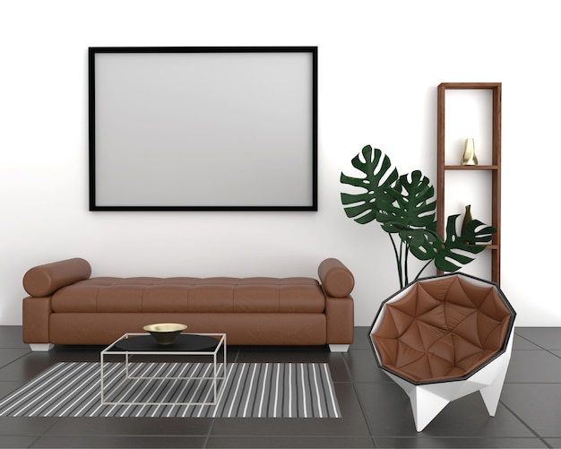 mock up poster frame in modern interior background, living room, Home office style, 3D render, 3D illustration