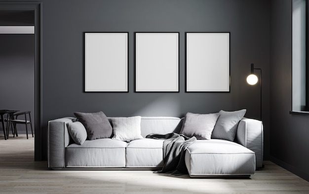 Mock up poster frame in modern interior background, living room, minimalistic style, 3D render, 3D illustration