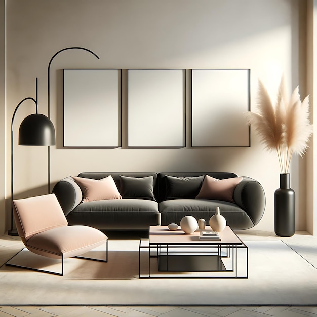 Mock up poster frame in modern interior background living room Scandinavian style 3D render