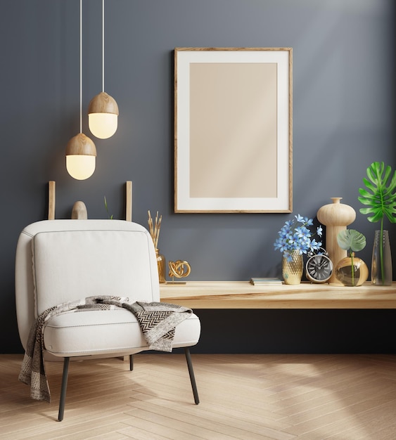 Mock up poster frame in modern interior with armchair on dark blue wall background