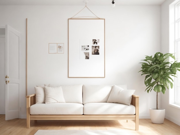 Mock up poster frame in scandinavian style interior Minimalist modern interior design 3D illustrat