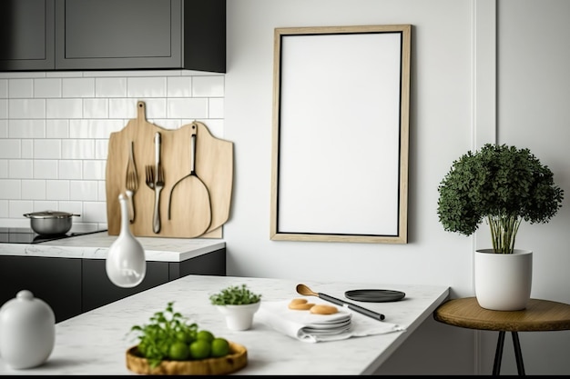 Mock up poster frame in a Scandinavian style kitchen