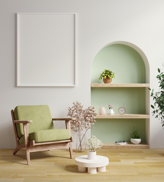 Mock up poster frame with green armchair in modern interior background