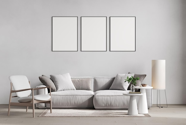 Mock up poster frames in gray modern interior background living room Scandinavian style 3D render 3D illustration