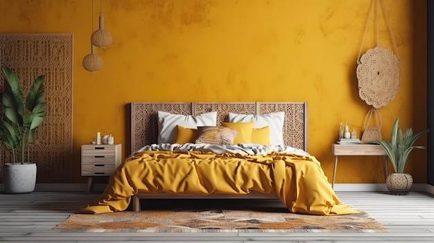 Mock up poster mustard color bedroom interior with patterned bed Generative Ai