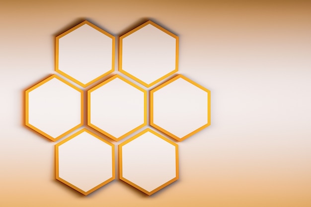 Mock up presentation with seven hexagons on light golden background. 