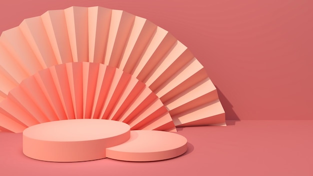 Mock up red circle to place a product sample On a pastel red fan shape background 3D rendering