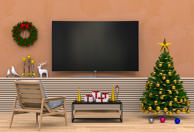 Mock up smart tv. Christmas interior living room. 3d render