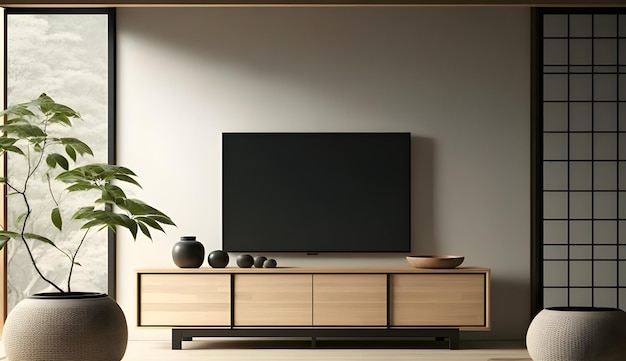 Mock up tv cabinet in zen modern empty room japanese minimal designs 3d rendering generative ai