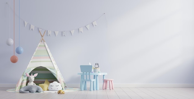 Mock up wall in the children39s room with kids tent in light blue wall background3d rendering