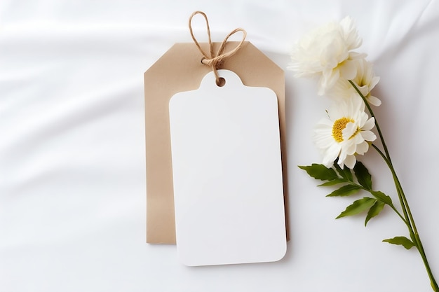 A mock up of a white and brown empty tag with a rope