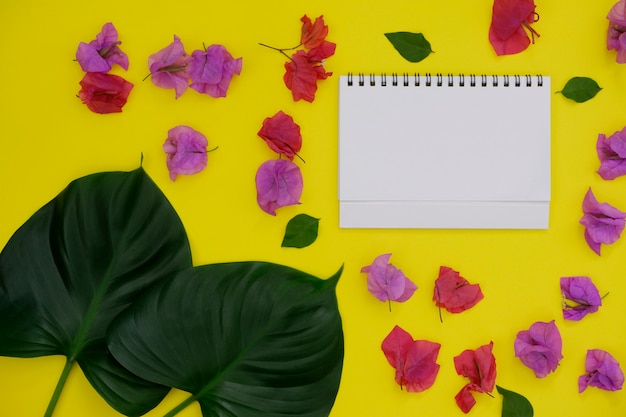 Mock-up white paper with space for text or picture on yellow background and tropical leaf and flower.