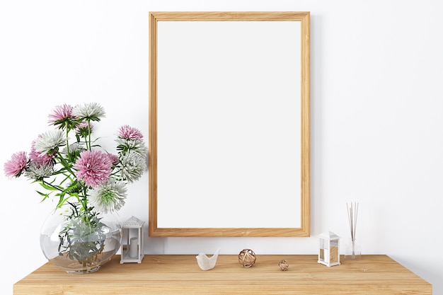 Mock up wood frame with flowers