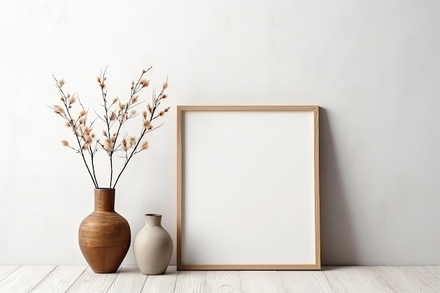 Mock up wooden frame and vase with dried flowers on white wooden floor