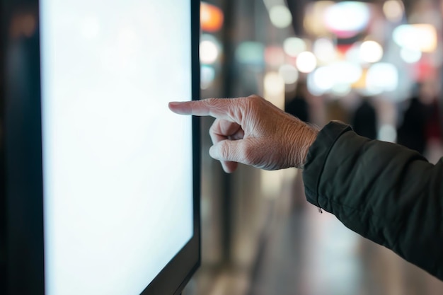 Photo a mocked up and copied computer in the dark is seen close up it is an electronic multimedia kiosk with a touchscreen display