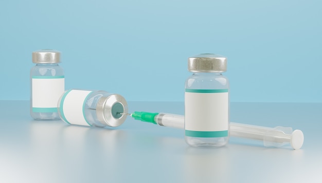 Mockup of 3 vaccine bottles with blank label and millimeter syringe stuck in one of them. 3d render