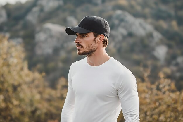 Photo mockup of athletic man wearing white longsleeved tshirt and black cap in a mountainous landscape