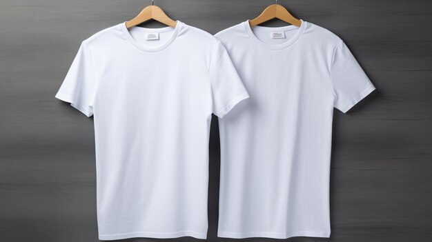 Photo mockup background two white tshirts placed side by side on gray