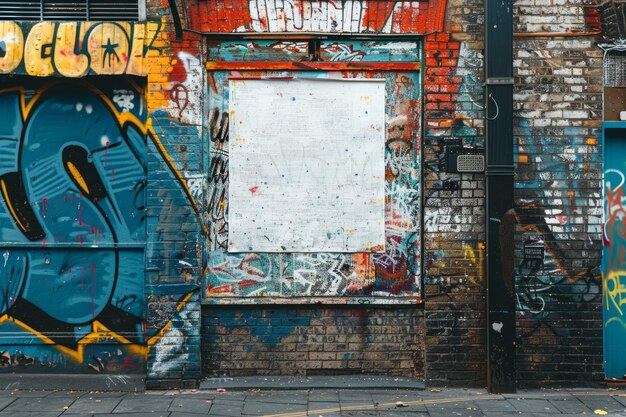 Mockup and billboard with blank screen for advertising on wall with graffiti in the street