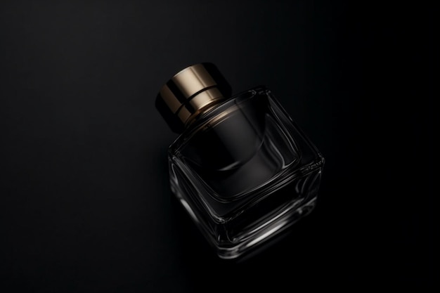 Mockup of black fragrance perfume bottle mockup on dark empty background