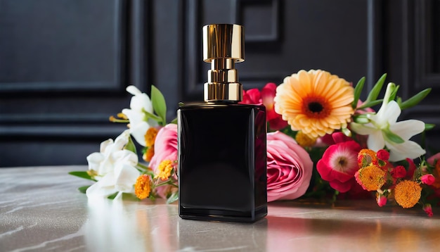 Mockup of black glass perfume bottle with beautiful flowers on table Floral aroma