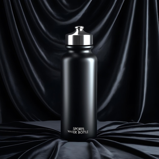 Mockup of black sports water bottle on black background