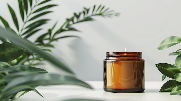 A mockup of a blank amber jar candle sitting on a clean white background with plants behind minimal setting