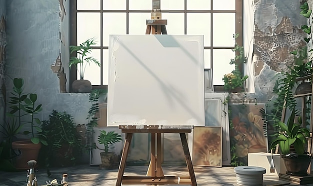 Photo mockup blank canvas on wooden frame positioned in artist studio for showcasing artwork concepts