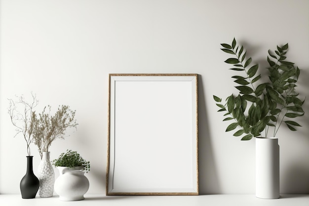 Mockup of a blank empty photo frame on a white wall interior design using artwork A contemporary home in boho style with a poster template