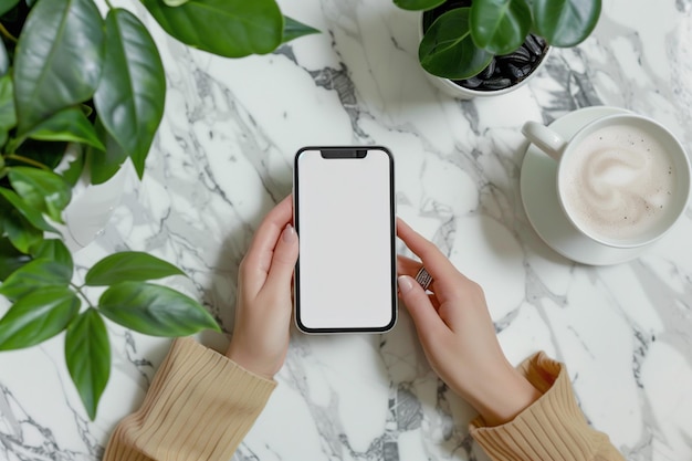 Mockup of blank iPhone screen on table with coffee cup and marble