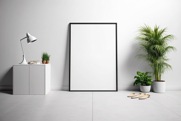 Mockup of a blank poster in a white studio with a canvas and a frame